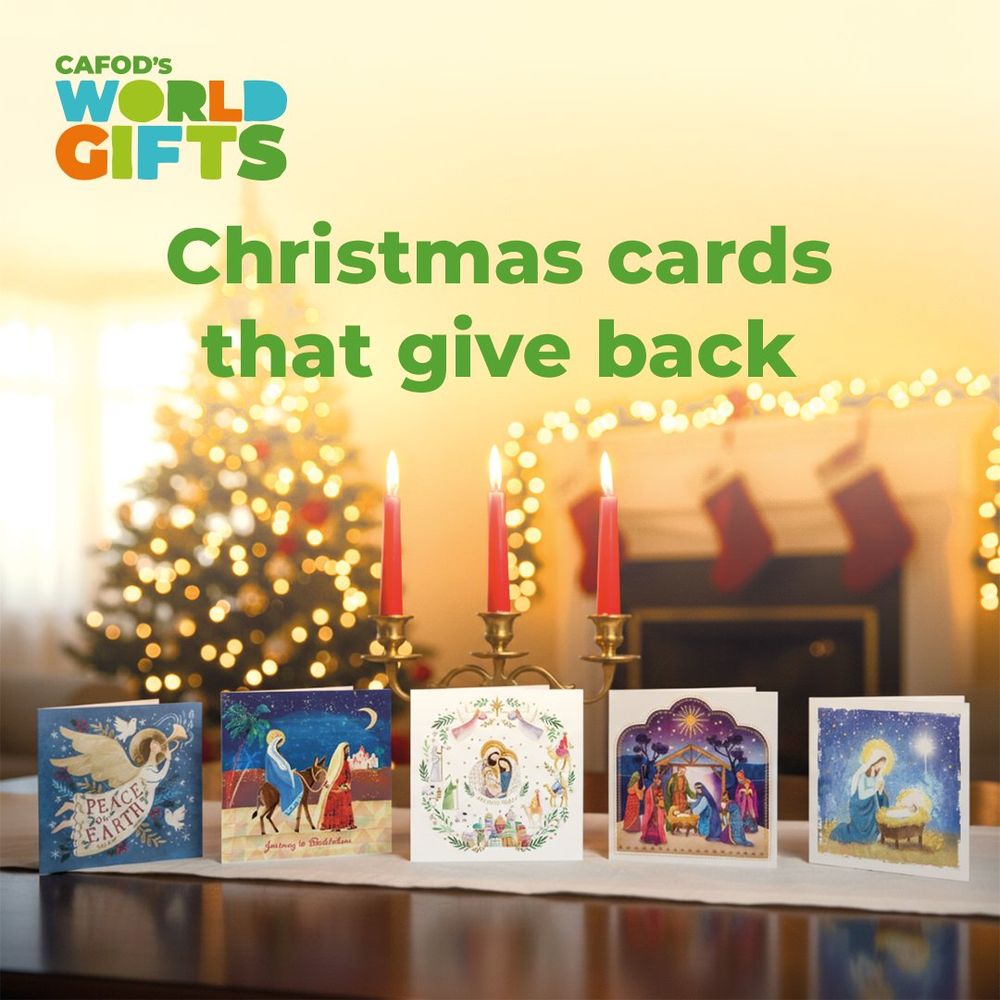 A graphic featuring an image of the World Gifts Christmas card range stood on a table in front of a Christmas tree.

"Christmas cards that give back." 