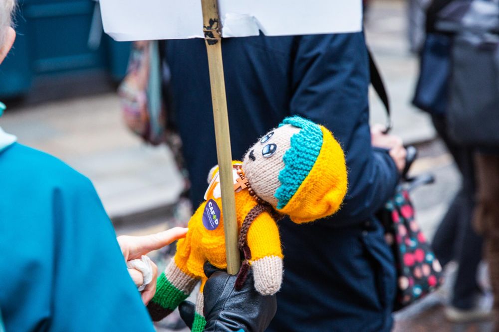 A knit version of the Jubilee mascot Luce at the march. 
