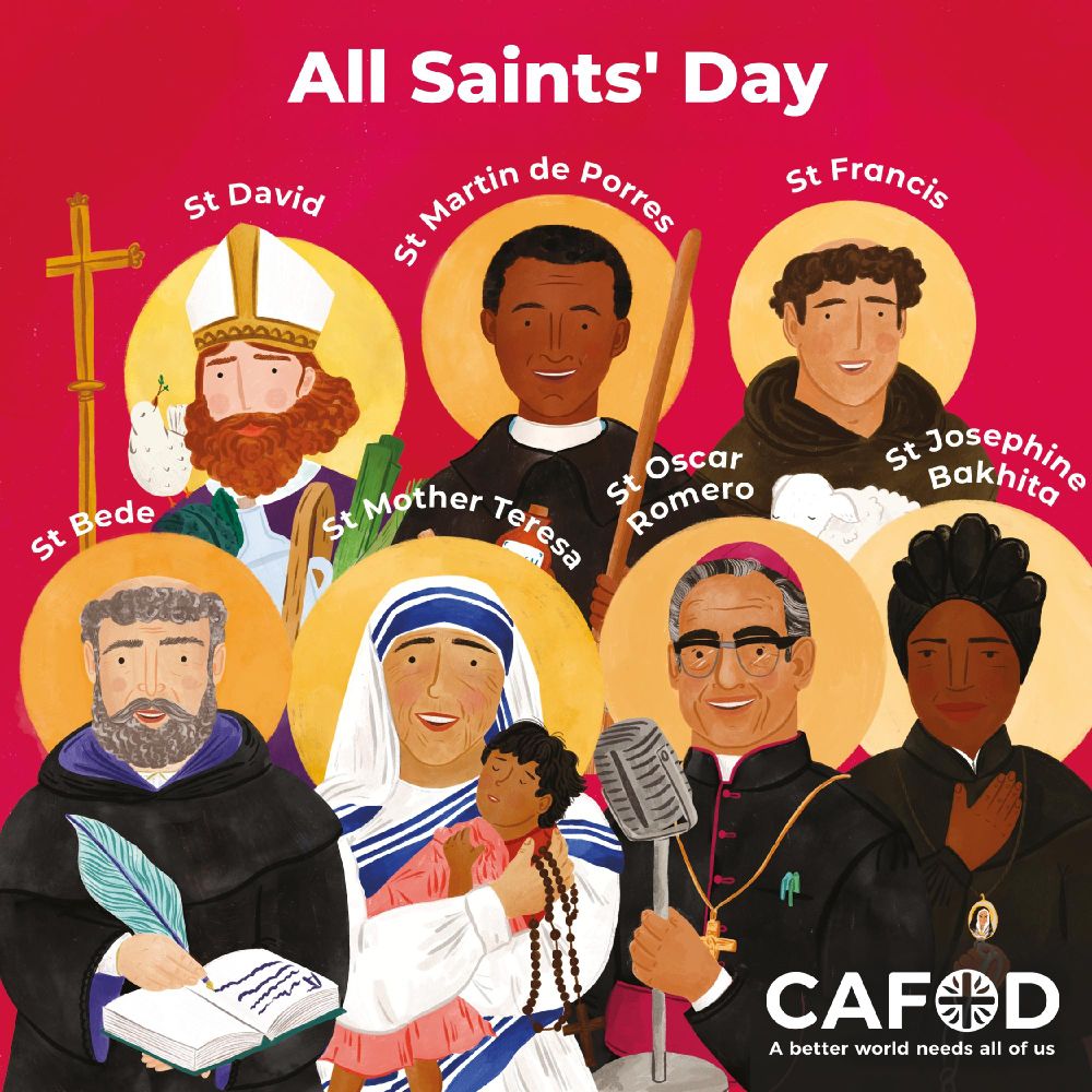 An illustration for All Saints' Day.

The following saints are featured:

St David
St Martin de Porres 
St Francis
St Bede
St Mother Teresa
St Oscar Romero 
St Josephine Bakhita
