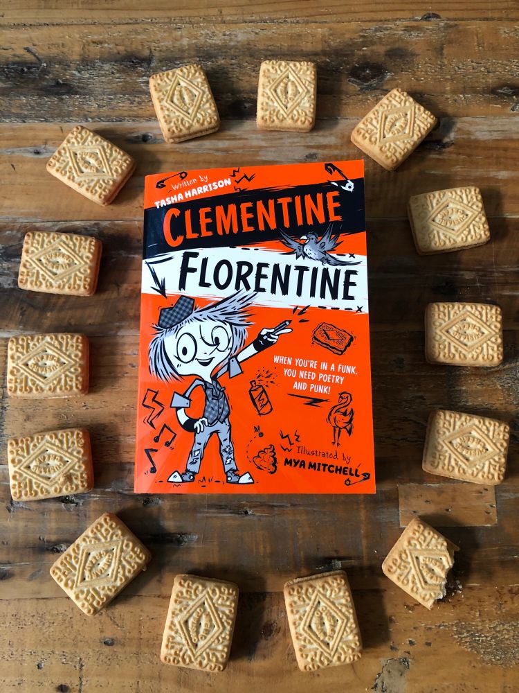 My funny children’s book Clementine Florentine, surrounded by custard creams.