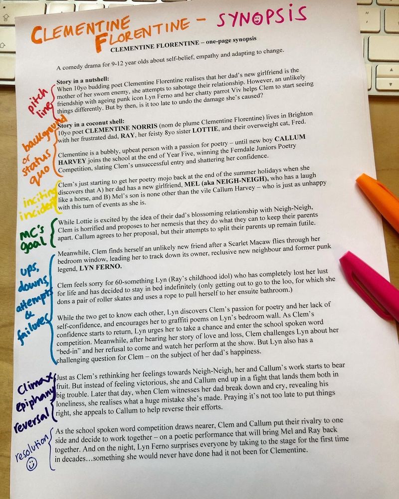 Image of a printed out one-page synopsis.
