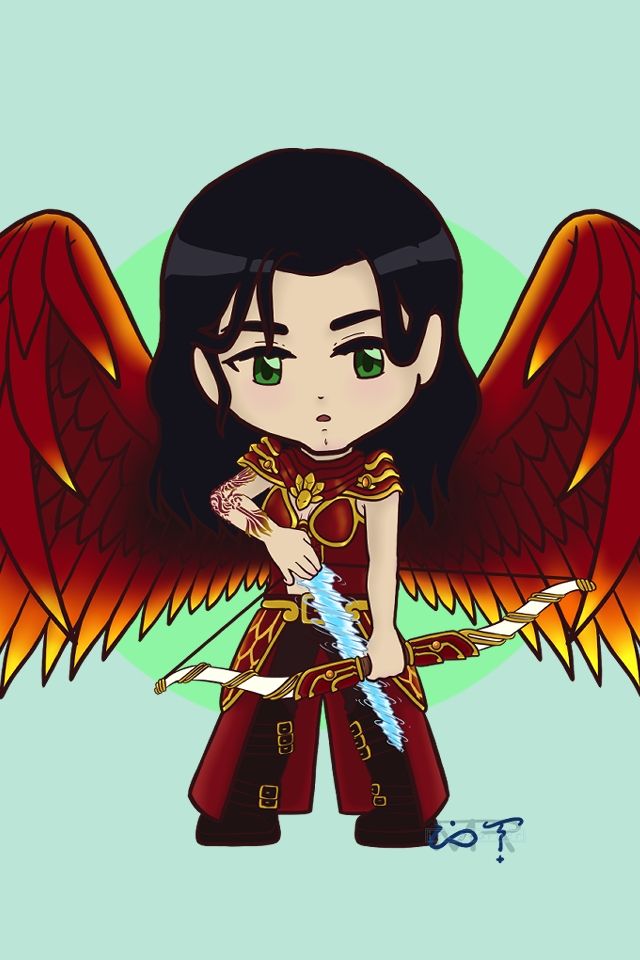 A chibi drawing of a woman with wings clad in red armor while holding a bow and a wind arrow.