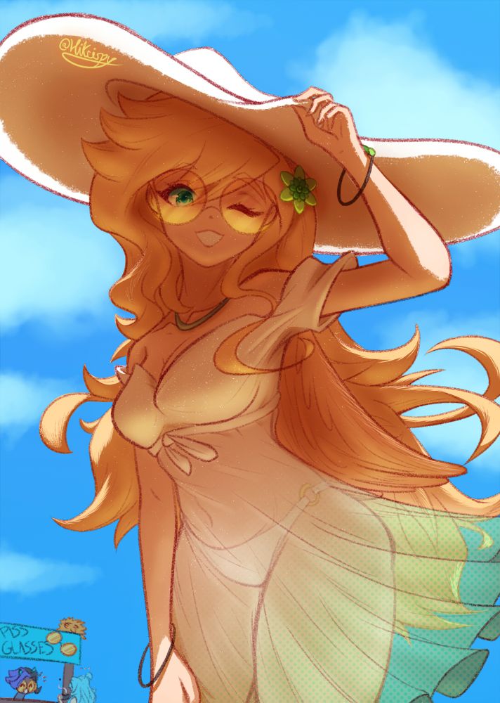 Art of Shenpai's oc Viro in her Summer Dress alt once again designed by shen during her subathon. She is turned at a 3/4 angle to the left while turning her face towards the viewpoint, with a bright smile and wink. She's leaning forward slightly with one hand on her leg and the other holding up her hat as the wind blows her hair and dress to the side. (originally the dress is supposed to be opaque but I was too happy with the body sketch so I made the lower part slightly semitransparent lol)
In the lower left corner is an @m0chateaa at a stall selling yellow-tinted glasses like the one Viro is wearing (I didn't know what to do with the corner of the composition and it was a bit in chat so have a little doodle-)