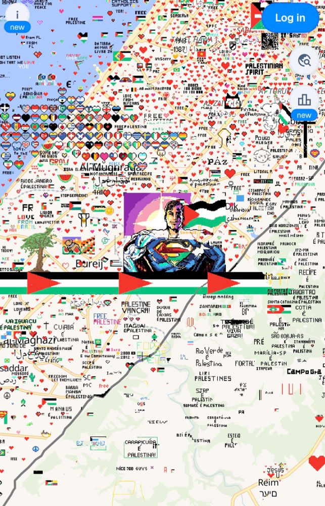 A screenshot from Wplace of a map of Palestine, overflowing with hearts, flags, and a picture of Superman in support of Palestinian liberation.