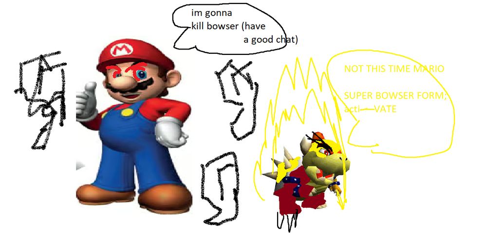 A masterfully created scene with Evil Mario (my oc btw) with his evil red eyes and he says "Im gonna    kill bowser (have   a good chat)" and he's surrounded by that really cool S that I couldn't draw in middle school so all the kids called me stupid and then there's super bowser where he's powering up, glowing red and yellow with his evil claws on his right foot. 

thank you for reading if you did