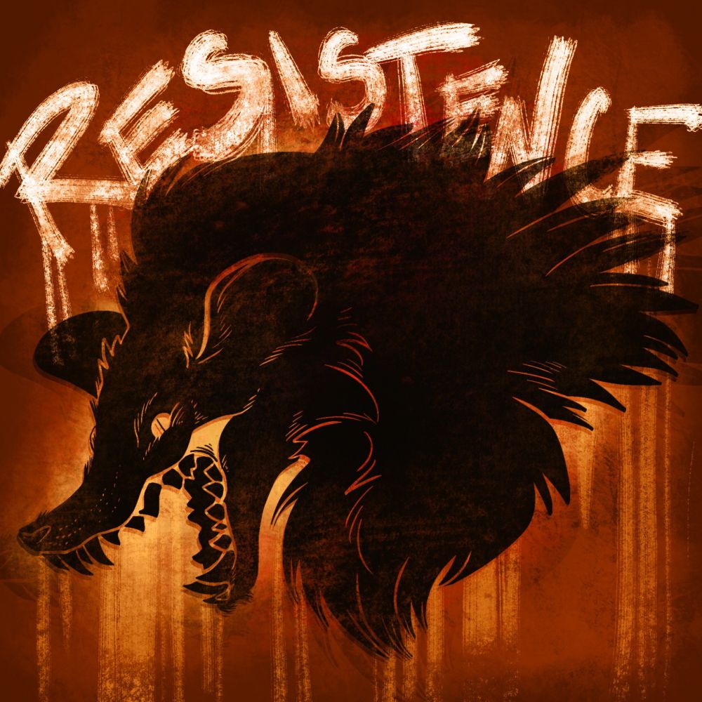 A monochrome headshot of an opossum showing its teeth and yelling over a weathered rust colored background. The word 'resistance' is painted behind in drippy distressed strokes