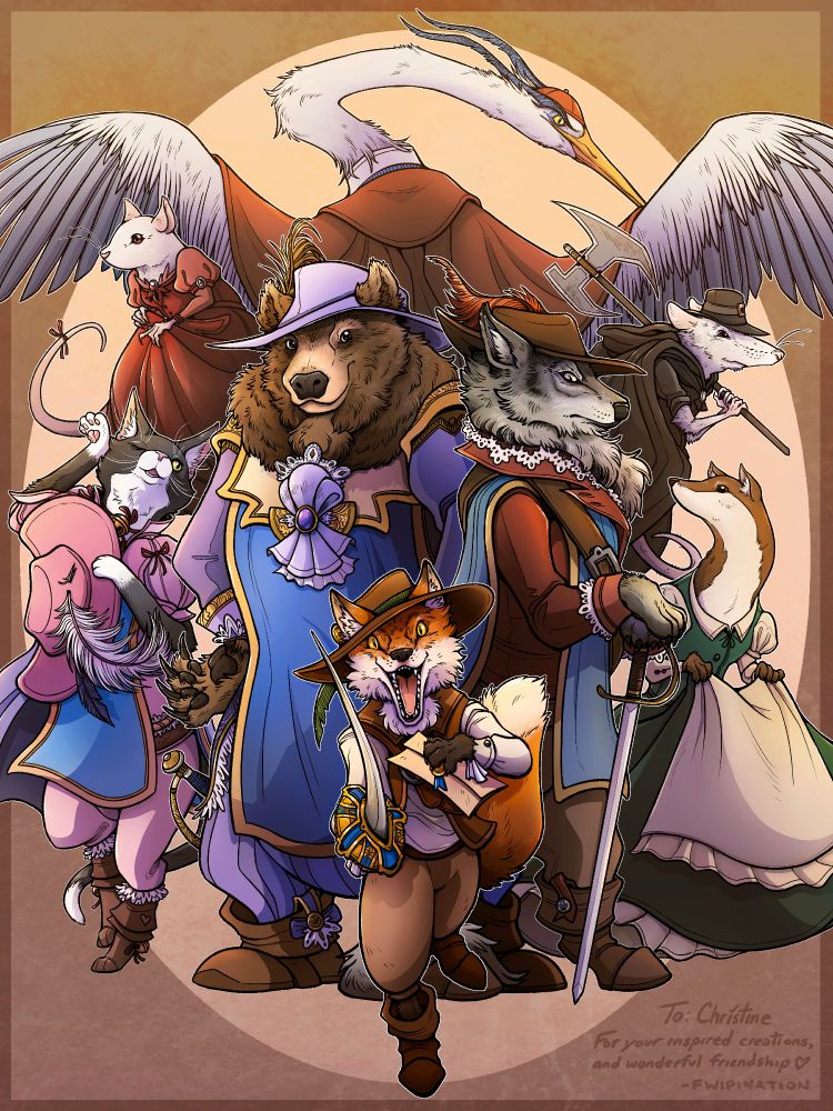 A series of characters from Alexander Dumas Three Musketeers and Twenty Years After reimagined as different animals in costumes. From the top, Cardinal Richelieu as a blue heron spreads his wings and looks severely back upon everyone beneath his arid gaze, Two white mice, Milady de Winter and Mordaunt face opposite one another. Milady wears a bright red dress and Mordaunt is in his executioners cloak with axe in tow. From left to right Aramis, a tuxedo cat, poses flirtatiously against Porthos, a large brown bear who has accessorized his uniform moreso than the others. Athos, a grey wolf, rests his paws in stalwart noble attitude atop his sword. Constance, an ermine, gazes up toward the center of the image, clutching her green dress and apron. Lastly, D'artagnon, the ever-clever fox leaps forward with his sword and letter of introduction, energetically looking for adventure.