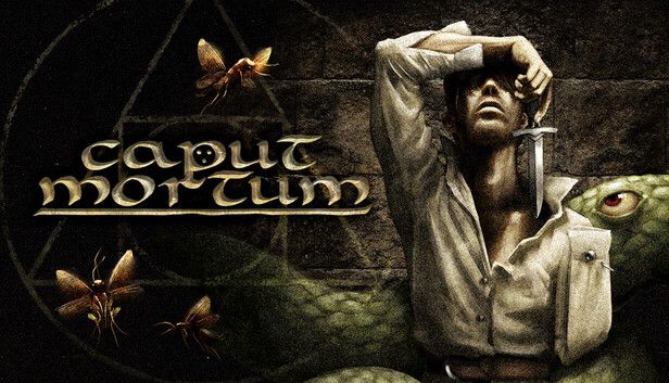 The cover of Caput Mortum, featuring a man covering his eyes with his arm. Holding a dagger with something serpent like behind him.