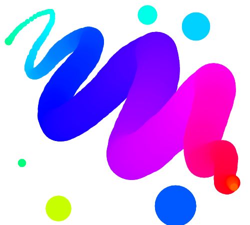 Screenshot of rainbow paint showing a squiggly line and dots in a gradient of colors