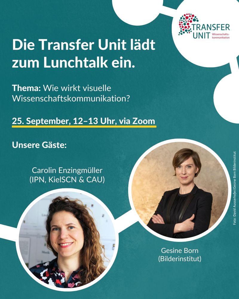 Die Transfer Unit lädt zum Lunchtalk ein. Thema: Wie wirkt visuelle Wissenschaftskommunikation? 25. September, 12-13 Uhr, via Zoom. Unsere Gäste: Carolin Enzingmüller, IPN, KielSCN & CAU, Gesine Born, Bilderinstitut. Jeweils Portraitfoto.