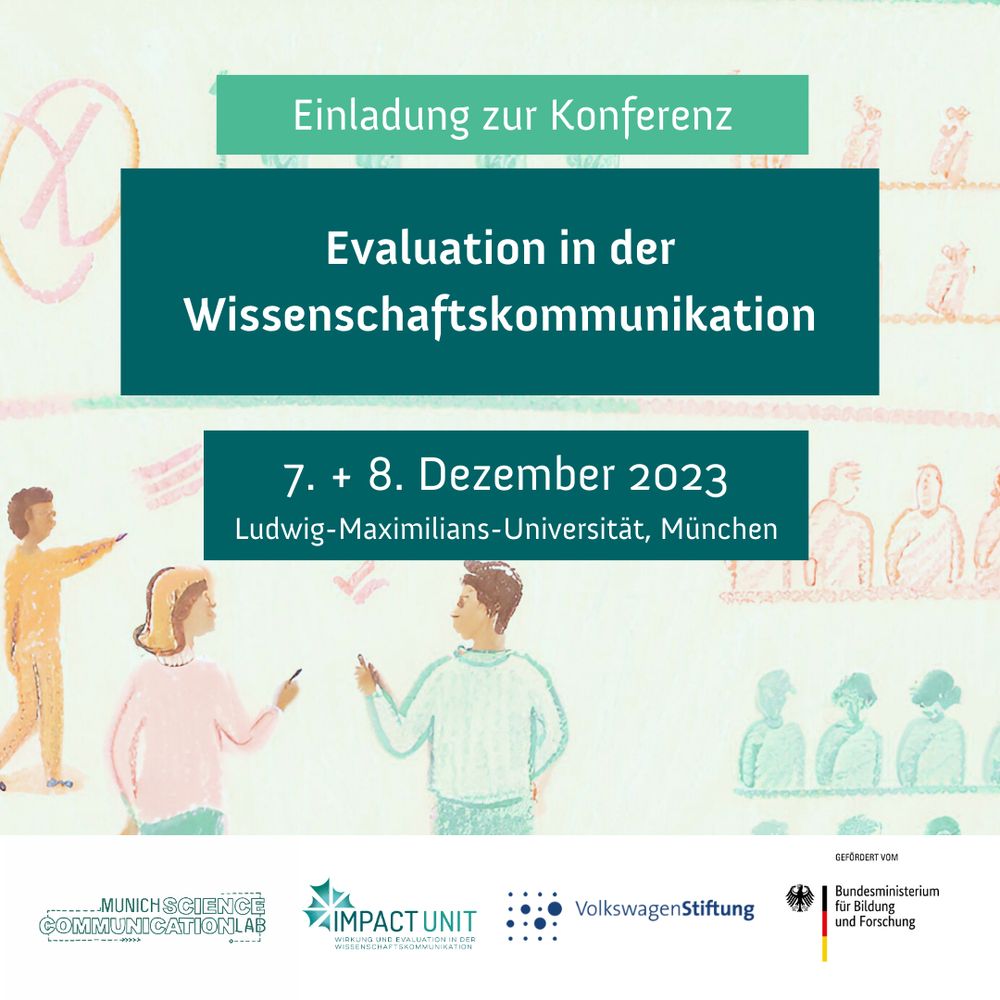 Einladung zur Konferenz "Evaluation in der Wissenschaftskommunikation". 7+8. Dezember 2023 Ludwig-Maximilians-Universität München. Logos Munich Science Communication Lab, Impact Unit, VolkswagenStiftung, BMBF. Bild: Mehrere Personen diskutieren Graphen, gemalt (Generiert mit Canva, Prompt: evaluation with graphs and highlighted figures)
