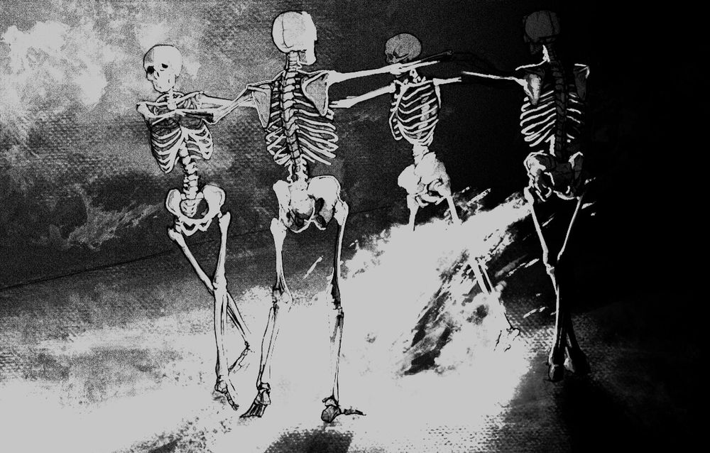 Black and white drawing of four skeletons dancing around a bright, nearly whited-out, bon fire. All around them is total darkness with no detail other than the play of shadows. The skeletons are all locked in arms in a ring as they dance.

source: engloutir-art

https://engloutir-art.tumblr.com/post/154332858822/the-skull-farmers-do-their-rain-dance-and-pray-the/amp

original caption:
"The skull farmers do their rain dance and pray the machine falls to sleep."