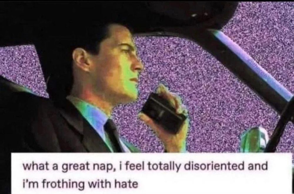 Dale Cooper from twin peaks opening sequence in the pilot. He’s speaking into a voice recorder while driving. Instead of pine forests outside of the window, there is just static like a TV screen with no signal.

Captioned below:
what a great nap, i feel totally disoriented and i'm frothing with hate
