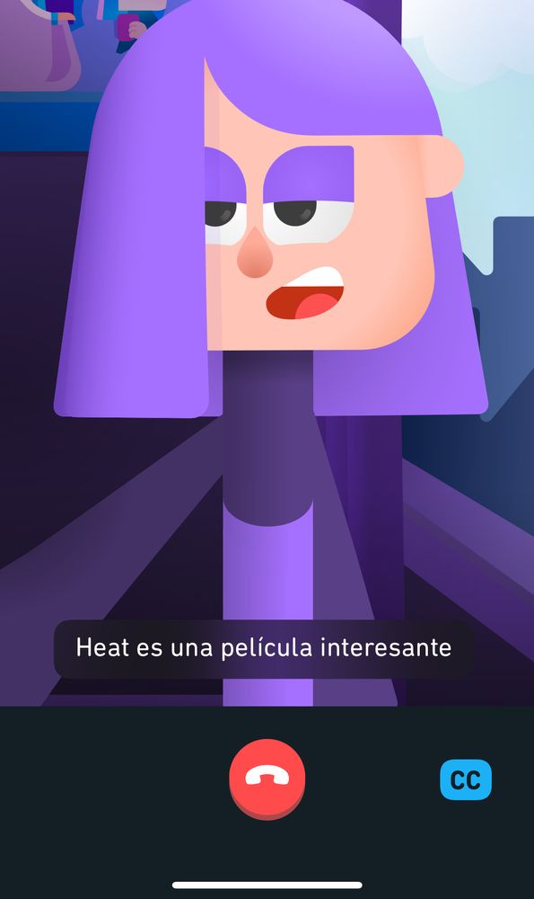 the purple goth duolingo personality. It’s a crappy facetime. She’s replying “Heat es una película interesante”