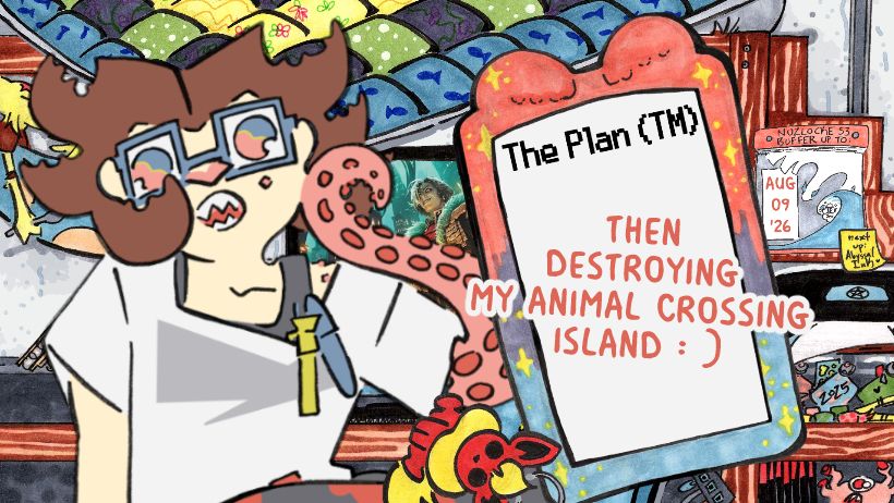 my sona makes the classic thumbnail face (: O). Text: "The Plan (TM), then Destroying my Animal Crossing Island : )"