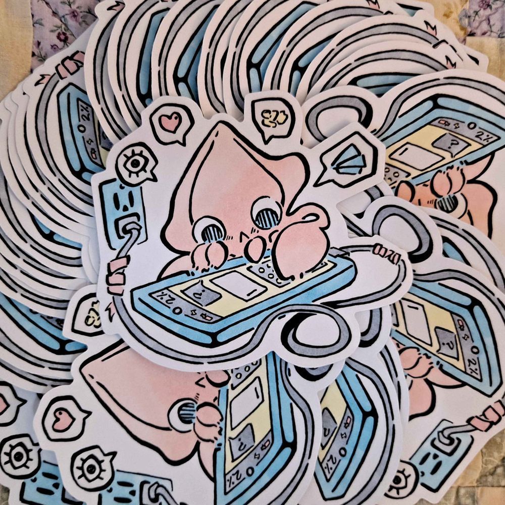 Phone Repaired by Squid Sticker: Good as new. Durable 3.5-inch vinyl sticker of a squid successfully replying to a text with love. More than likely, that text is to you.