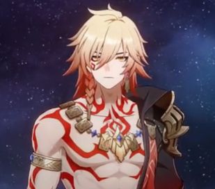 Picture shows a half-naked blonde man with ends of his hair dyed red, his chest exposed and adorned with golden necklace and red tattoes, with only left shoulder covered by the clothes. It's Mydei (Mydeimos) from Honkai Star Rail gacha RPG game.