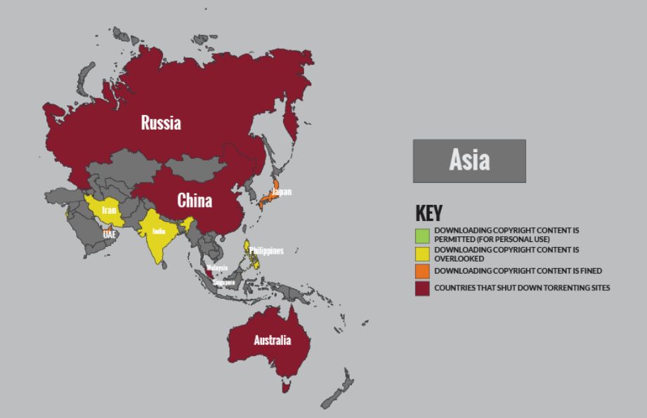 Map of countries in Asia and Oceania that allow or don't allow piracy
Iran, India, Philippines: Downloading copyright content is overlooked
Japan: Downloading copyright content is fined
Russia, China, Malaysia, Singapore, Australia: Countries that shut down torrenting sites

Source: https://www.vpnmentor.com/blog/torrents-illegal-update-country/