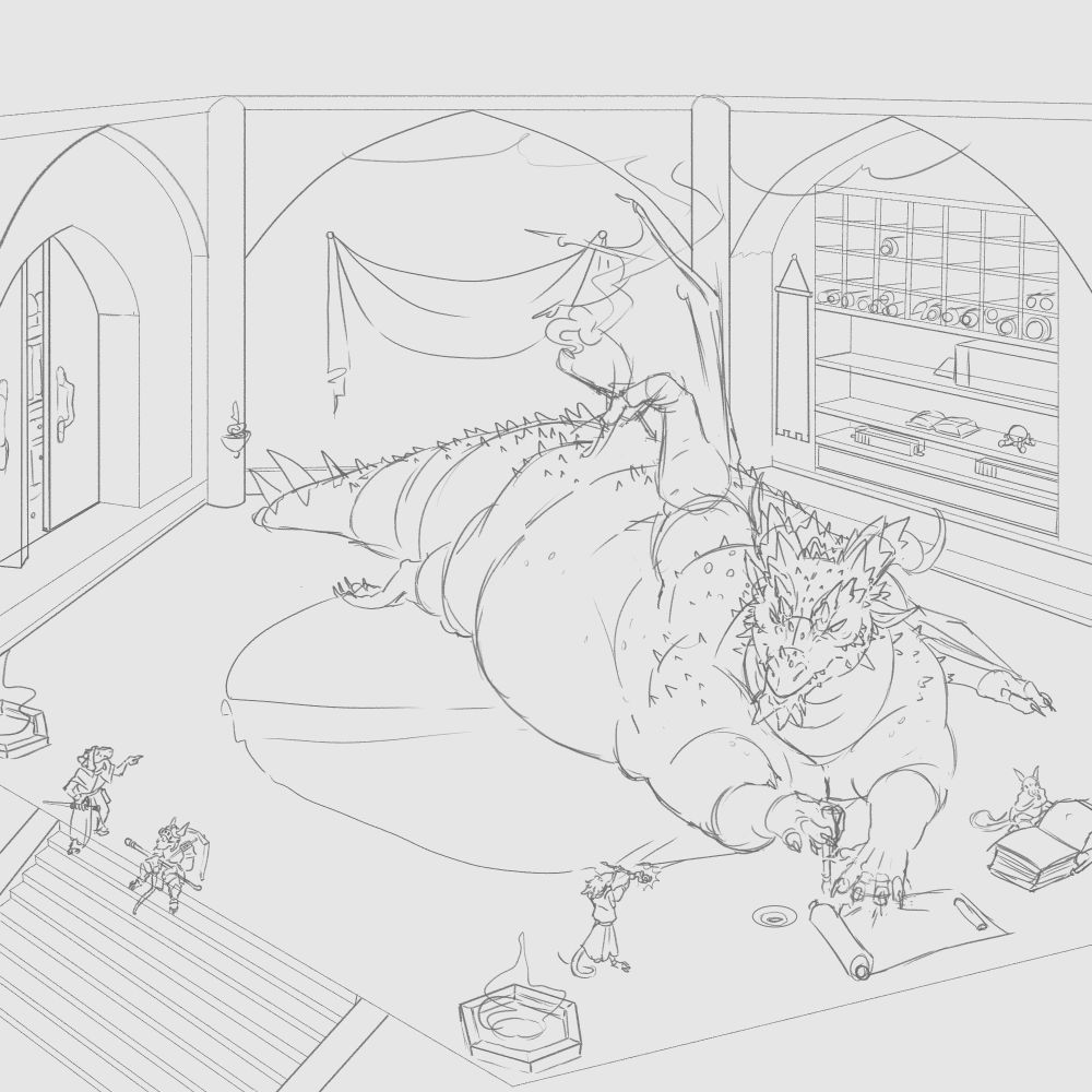 A cleaner sketch of the quoted scene. A fat dragon works with a book and writes upon a scroll with a brush, multiple anthro rats that surround him are talking to him as he dos so. The room is filled with supplies and further reading.

#saintsoffirnus #firnus #fantasyart #fantasy #furryart #sketch #dragonart #dragon
