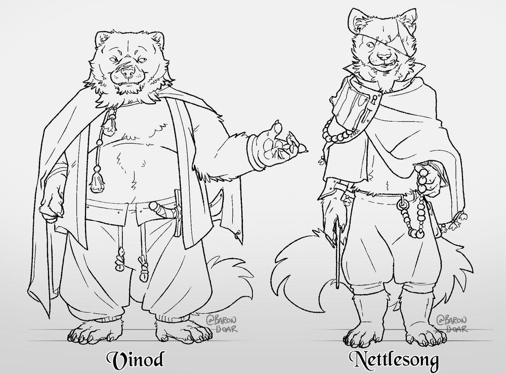 Two mustelid anthos. On the left is a fat wolverine-looking guy with big paws and a round face. He has a scar on his snout and an open shirt as well as a sword on his belt. He's labelled as Vinod. 
The one on the right is slightly taller, thin, and generally pointy. He has a wand and amber beads adorning him as well as a curved cutting of bark serving as armour on his upper arm. He's wearing a one-sided cape, and eye patch and has a wand in his hand. This one is Nettlesong.

#firnus #saintsoffirnus #furryoc #furry #fantasyoc #fantasy #fantasyart #digitalart #lowfantasy #mustelid