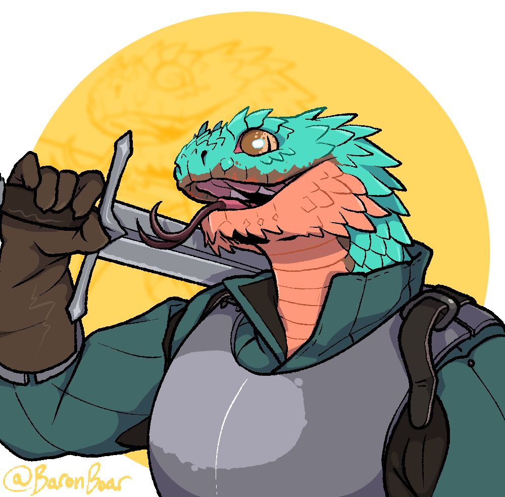 An anthro bush viper knight resting his sword on his shoulder, looking happy and energetic on a yellow background. 

#oc #fantasy #snake #anthro #furry #furryart