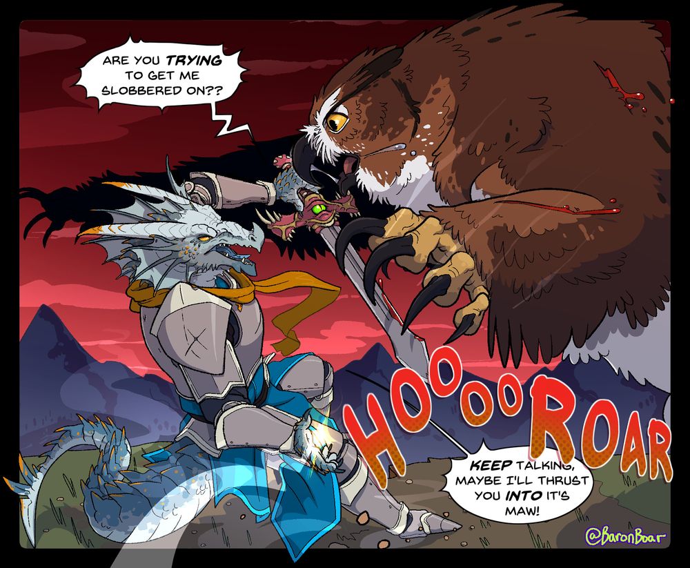 An illustration of a white and gold scaled dragonborn dashing backwards as she swings her sword at an owlbear which is leaping upon her. 
In her hand her living sword with a glaring green eye says: "Are you TRYING to get me slobbered on??"
To which she replies over the sound of the owlbear hooting and roaring: "KEEP talking, maybe I'll thrust you INTO it's maw!!"

#dnd #dragonborn #dragon #dungeonsanddragons #d&d #paladin #owlbear #knight #artfight #af2025 #artfight25 #teamfossil #friendlyfire