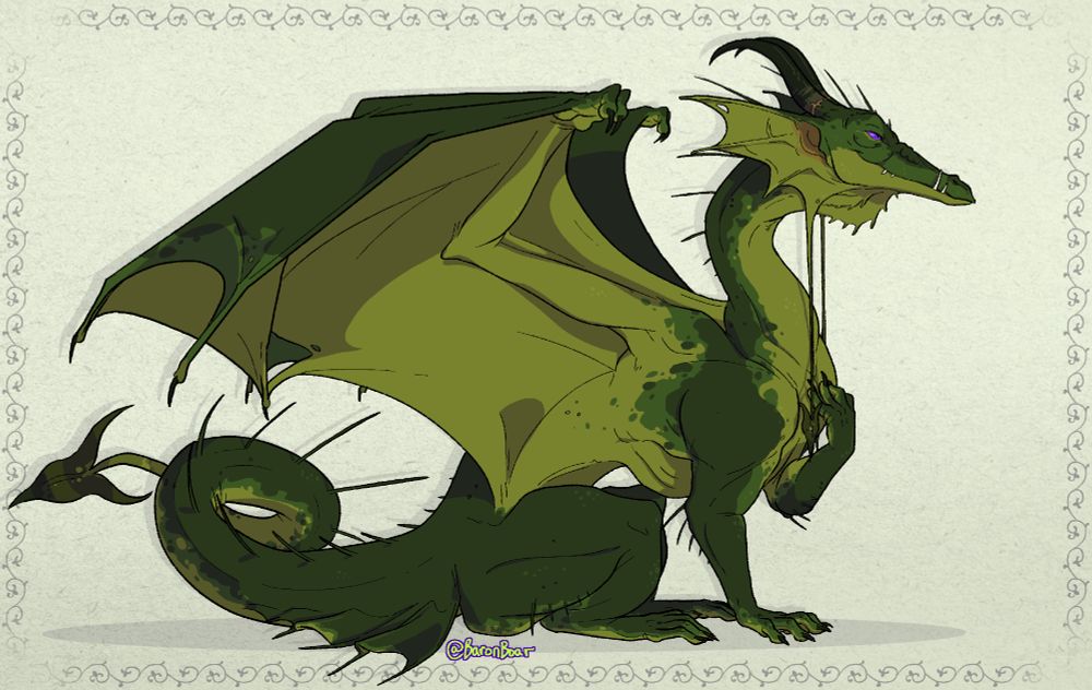 A profile illustration of a long, thin, green dragon. He has purple eyes and a sly look about him. 

#firnus #artfight #saintsoffirnus #artfight25 #teamfossil #artfightfossil
