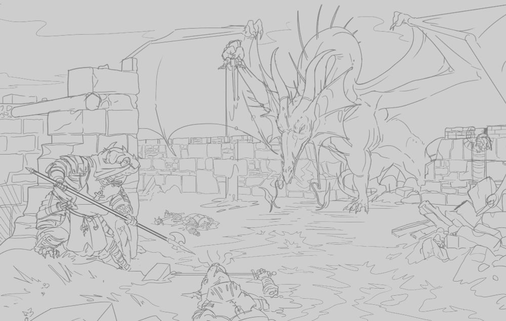 a sketch of a destroyed medieval fortress littered with the bodies of soldiers and knights. A dragon stands triumphant, having spotted the final living knight, in his clawed hands he crushes a body letting a torrent of blood spill down to the blood soaked ground. 

#firnus #fantasyillustration #fantasy #dragon #knight #oc
