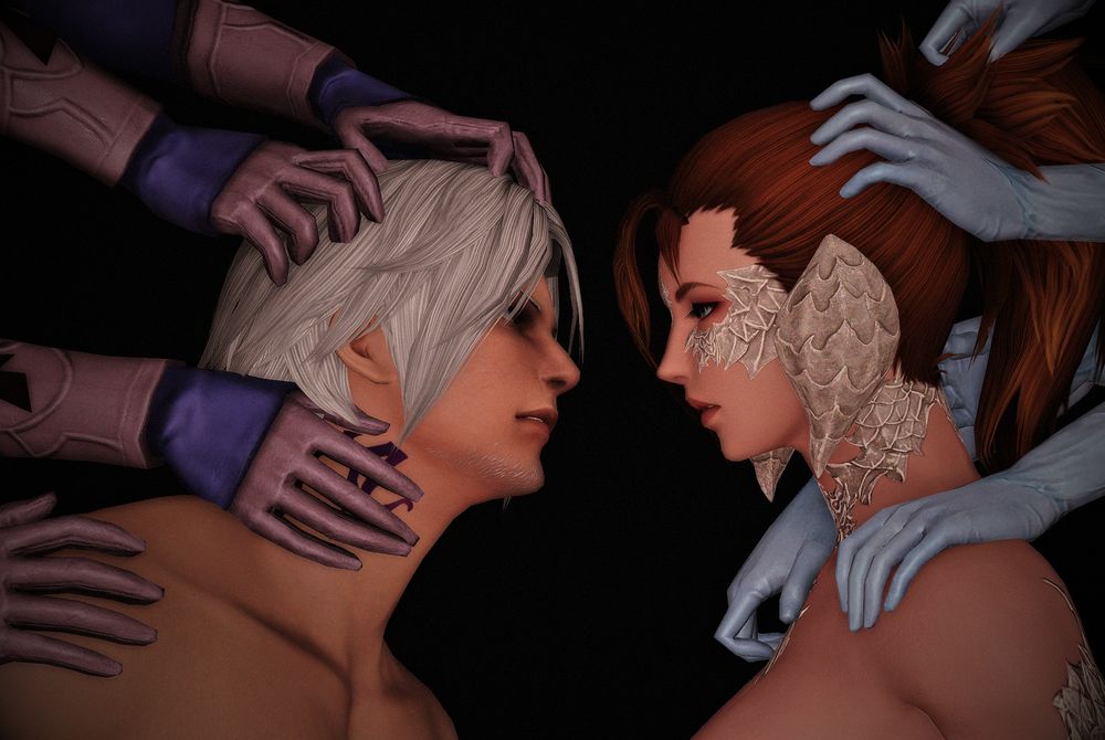 Thancred, dragged down and backward by many of ARR Minfilia's hands, leans toward but cannot reach a Raen woman who is held in place by many of Hydaelyn's hands.