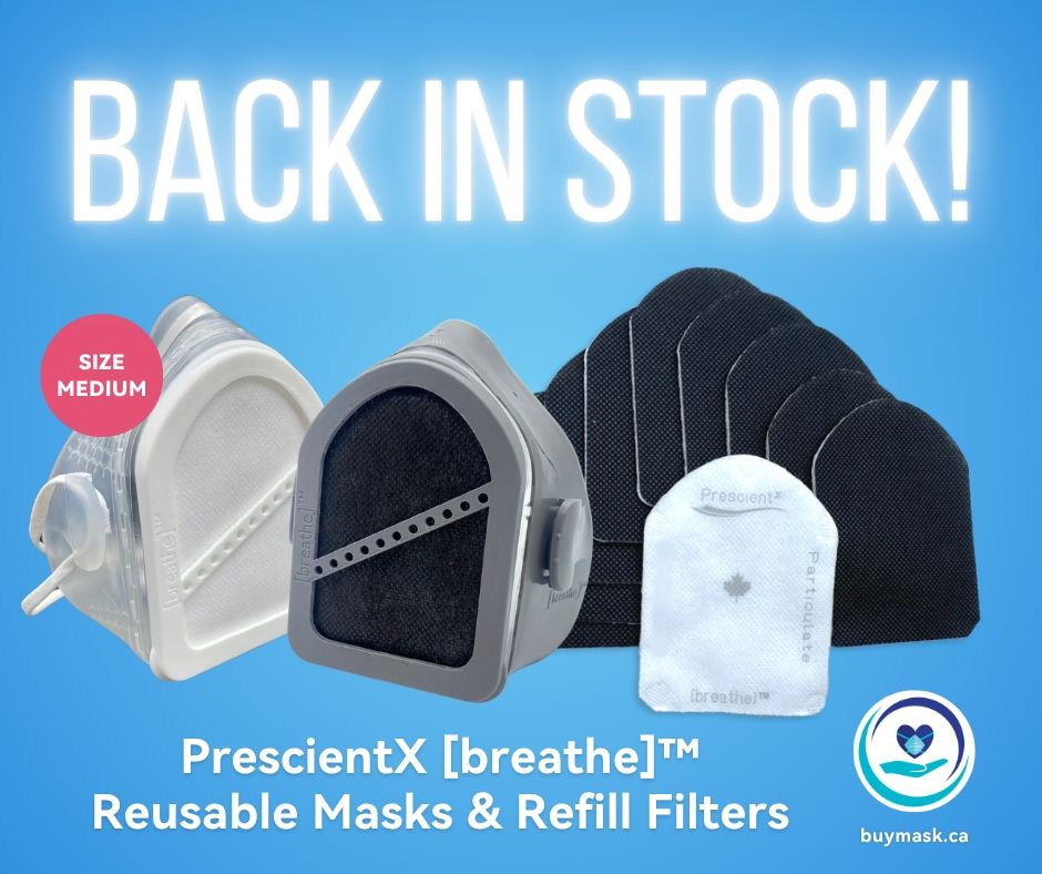 Back in Stock - PrescientX [breathe] reusable masks and refill filters - buymask.ca
Image of two [breathe] masks (in clear and in grey), as well as refill filters on a blue background. There is a small circle on the masks "Size Medium".