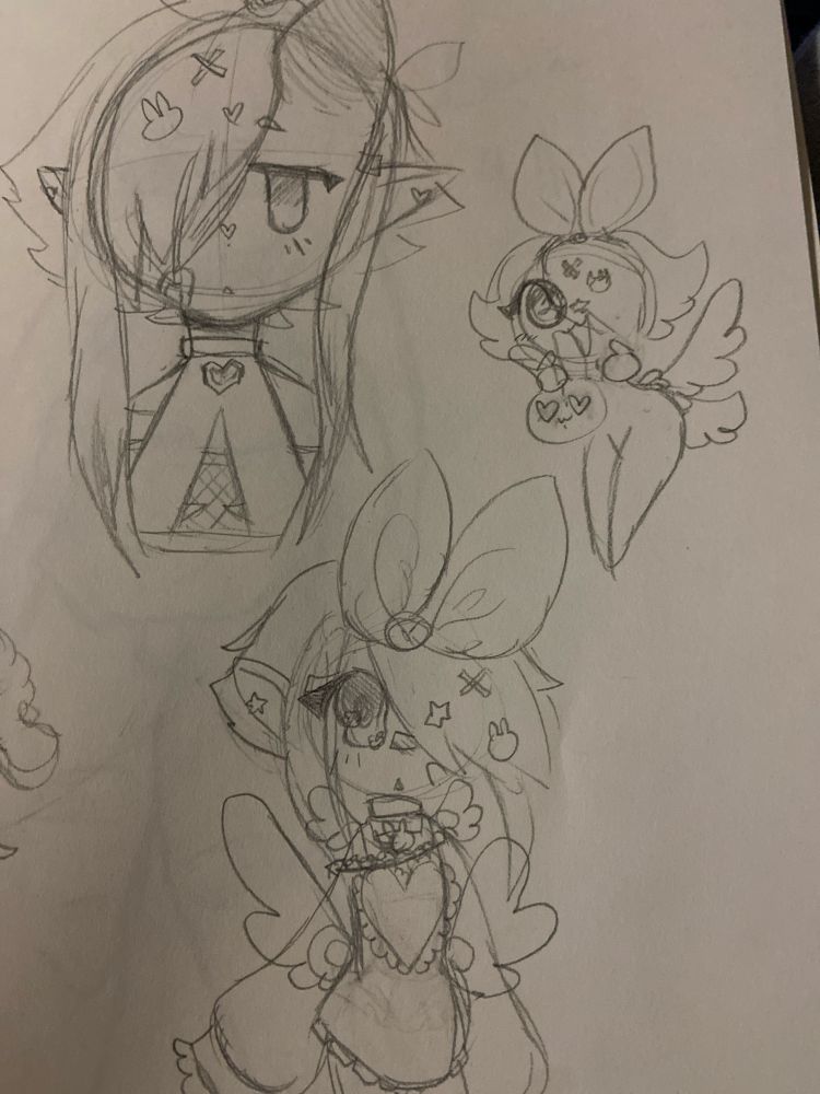 More sketches of Taro trying out some things from my og design with the new hair, having one horn, one with the large bow moved and pointy ears, and another just a doodle playing with the shape and position of the Angel wings on the hips