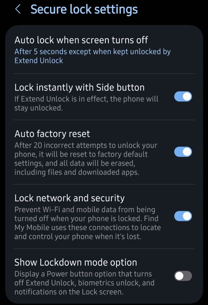 Screenshot of Samsung phone settings for secure lock settings