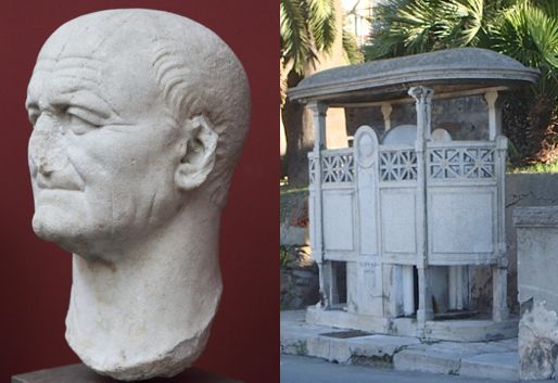 A photographic diptych featuring two photographs, one of a marble bust of the Emperor Vespasian and another of a stone public urinal, known in Italy as a Vespasiano. The bust shows the Emperor in profile. His lips are quite pursed in an unusual sort of way, suggesting irritation or anxiety in his features. The nose is partially damaged but the rest of the sculpture is largely intact. He seems to be mostly bald with wisps of hair at his temples. The Vespasiano public urinal is quite narrow and compact with some ornamentation. Its concealing panels are about three feet in height starting at about a foot above ground level. It has a sturdy, looking curved roof to protect the visitor from the elements. There are palm trees in the background.