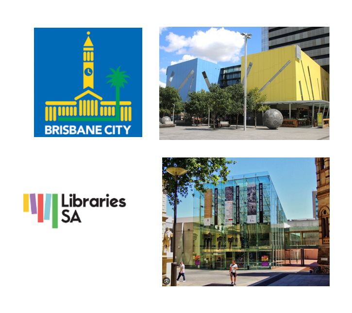 An image with two square signs to the left and two pictures to the right. They are roughly equal in size taking up a quarter of the space each. The top left image is the logo of Brisbane City, an outline building and clocktower with a palm tree in the foreground. The bottom left sign is for South Australia libraries and is very simple. A few colourful rectangular shapes intended to be books with "Libraries SA" adjacent to them. The image in the upper right corner is of Brisbane City library. There are bold, boxy section to the left and right, one blue and one yellow with a mostly glass atrium between them. In architectural design, the picture in the bottom right is similar and is of Adelaide central library. It's a square, glass design of apparently three or four floors with promotional flags hanging from the top of the building. The weather in both pictures are bright and sunny. It's a typical Australian day!