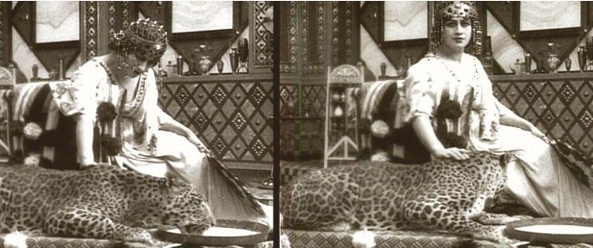 Still photographs from the movie Cabiria (1914) which is regarded as the first epic movie in history. The character in the photograph is the Carthaginian princess Sophonisba who was the daughter of the Carthaginian General Hasdrubal Gisco. She was the wife, at different times, of both rival Numidian kings Masinissa and Syphax. She was played in this movie by the Italian actress Almirante Manzini. Other famous ancient people to be depicted in the film include Hannibal Barca, Masinissa, Scipio Africanus and Archimedes.