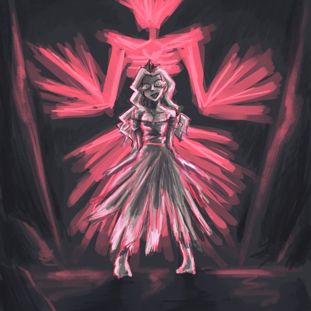 Digital painting of The Razor from Slay the Princess. Behind her is a red silhouette of her final form.