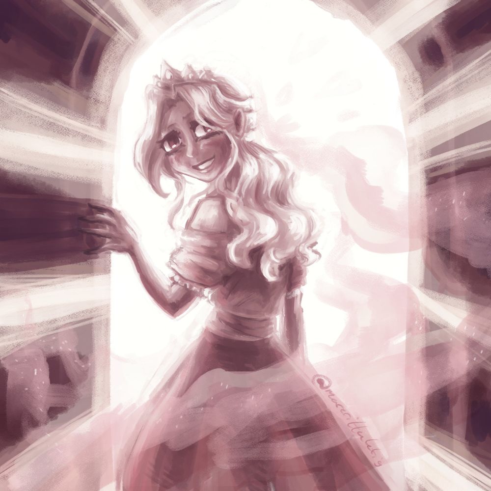 Digital painting of The Damsel from Slay the Princess standing in a bright doorway