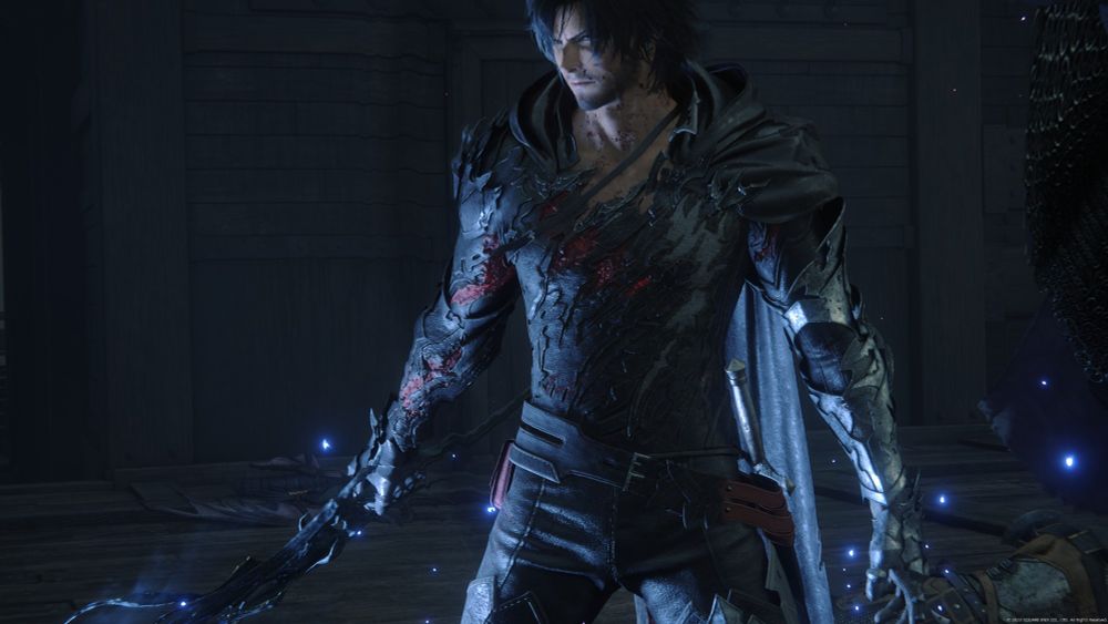 Shot of Clive Rosfield from his hips up, standing in a cool stance with his arms at his sides and sword in hand. His eyes are looking toward the camera with his head turned to the side