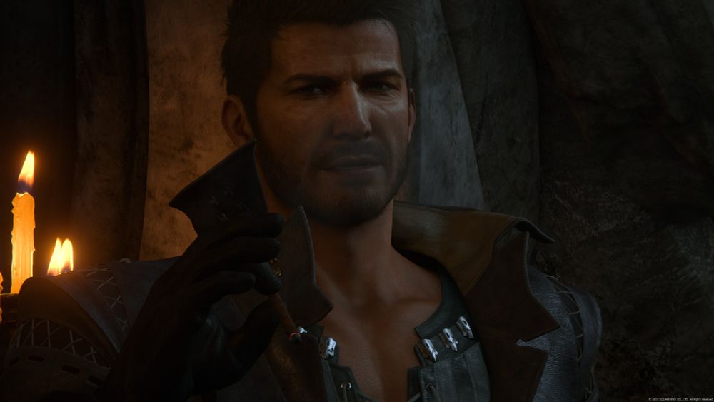 Cid from FF16 holding a lit cigarillo, giving a sultry smile.