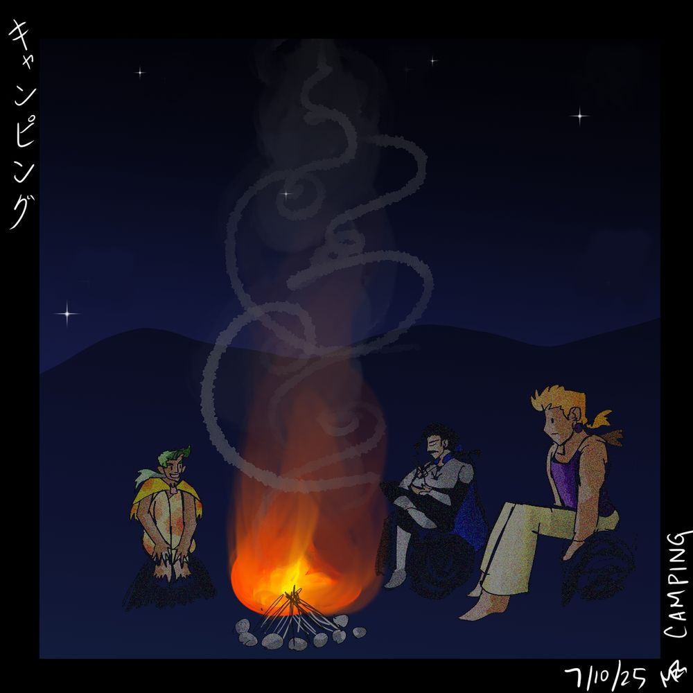 A campfire on a dark, starry night, with Gau, Cayenne, and Mash sitting around it