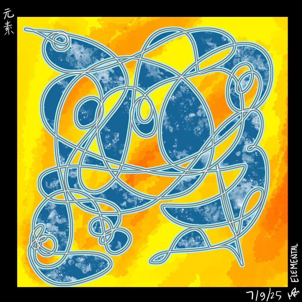 Blue and white abstract lines and splotches, surrounded by orange and gold