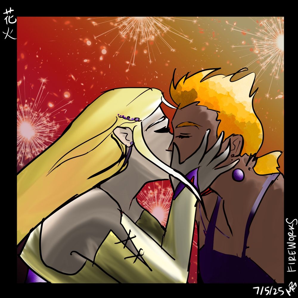 Celes kisses Mash in the world of ruin [dusky sunset background] with fireworks in the background