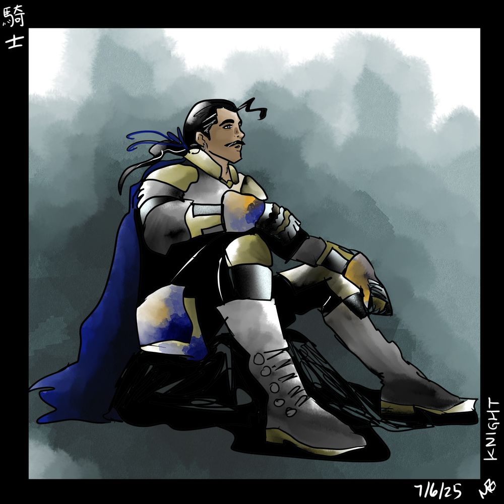 Cayenne/Cyan sits looking up, wearing full armor