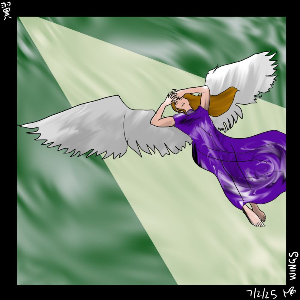 Seraph [esper] from FF6, pose by adorkastock. A white-feathered winged woman in a flowing purple dress looks down as she ascends into a beam of light