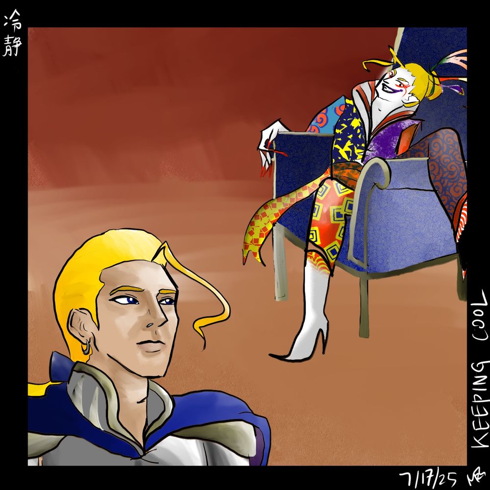 Edgar remains calm as Kefka sprawling on his throne