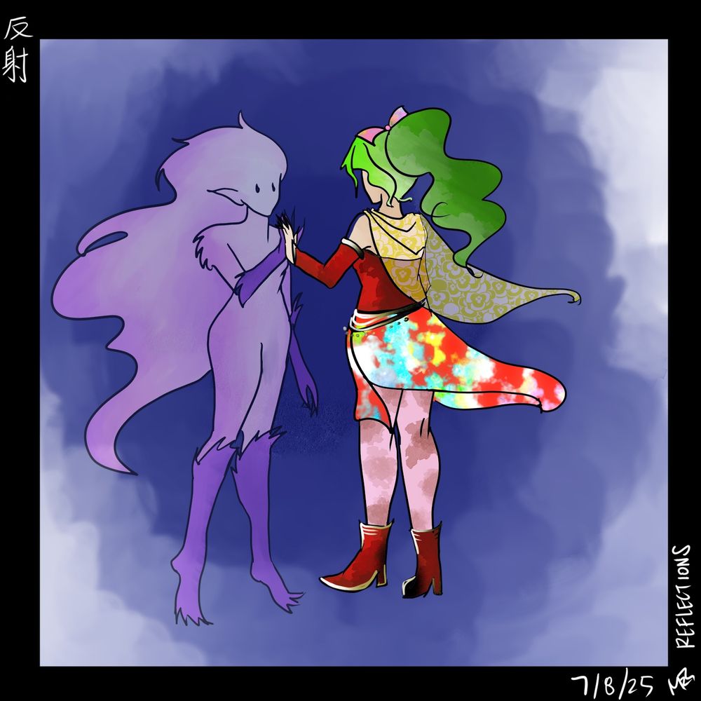 Tina / Terra looks at a reflection of herself in trance/ esper form (based on the Sailormoon imagery in the opening theme Moonlight Densetsu)
