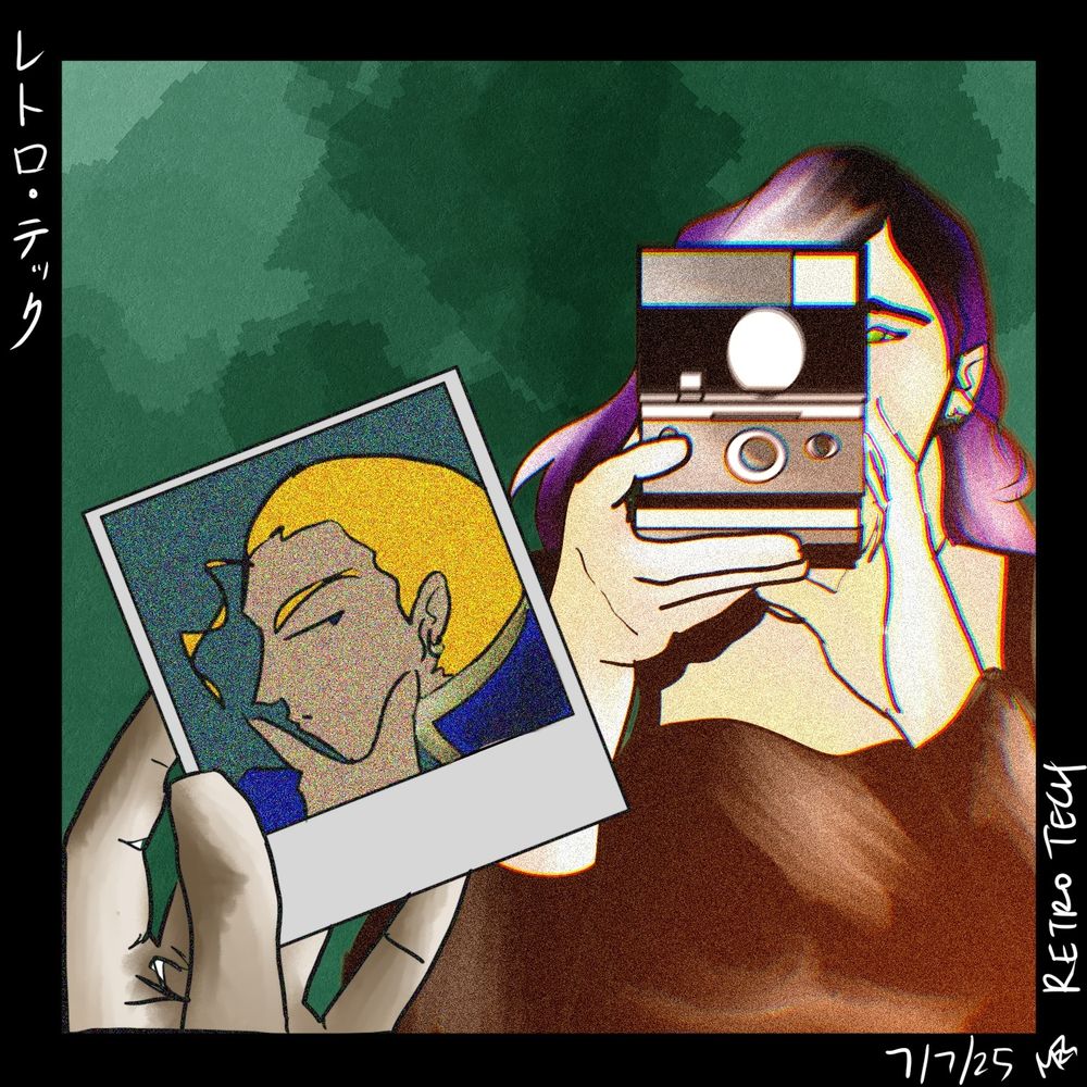 Presumably Edgar holds a Polaroid image of himself posing silly [L-shaped hand and pouty face] a a purple-haired woman snaps a Polaroid picture of him