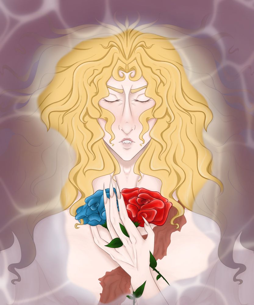 milk bath alucard with two roses; Castlevania