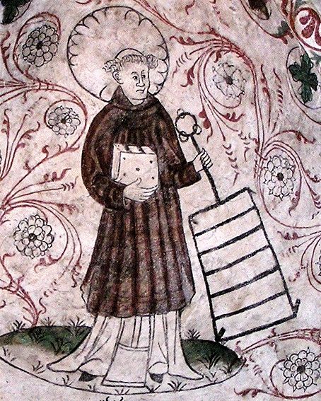 Sankt Laurensius slik han fremstilles på et kalkmaleri i Överselö kirke Södermanland, ca. år 1500. Han holder noe som ser ut som en giga terning, og en stekerist.