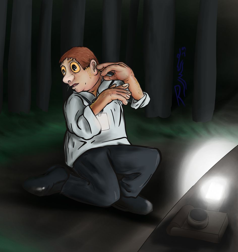 Photographer cringes from the glare of the light, his eyes still large, his hands swollen.